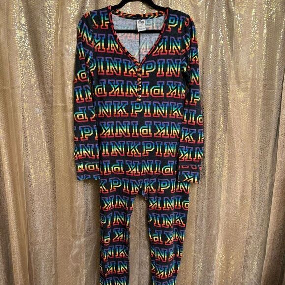 PINK Victorias Secret Rainbow Logo One Piece Pajama Romper Medium - Picture 1 of 8